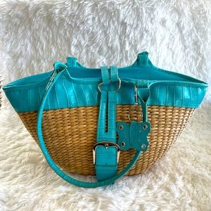 Tan & Teal Summer Wicker Tote